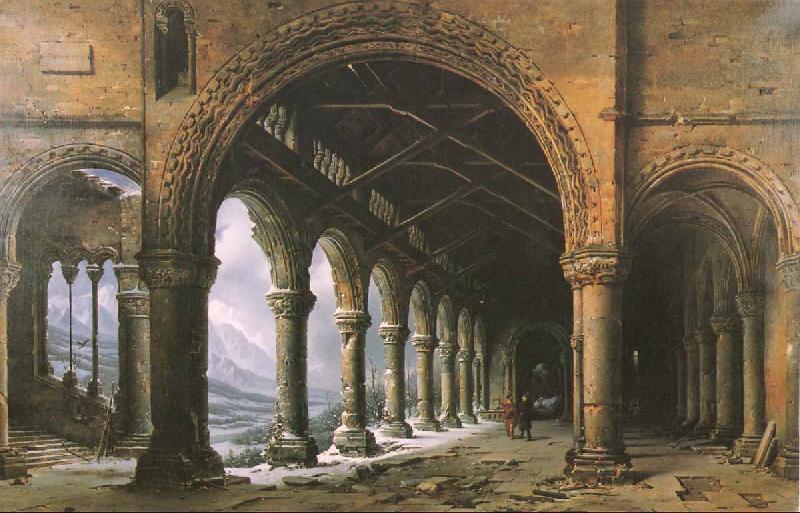 louis daguerre The Effect of Fog and Snow Seen through a Ruined Gothic Colonnade oil painting picture